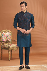 Rama Blue Silk Kurta Pajama with Embroidered Jacket